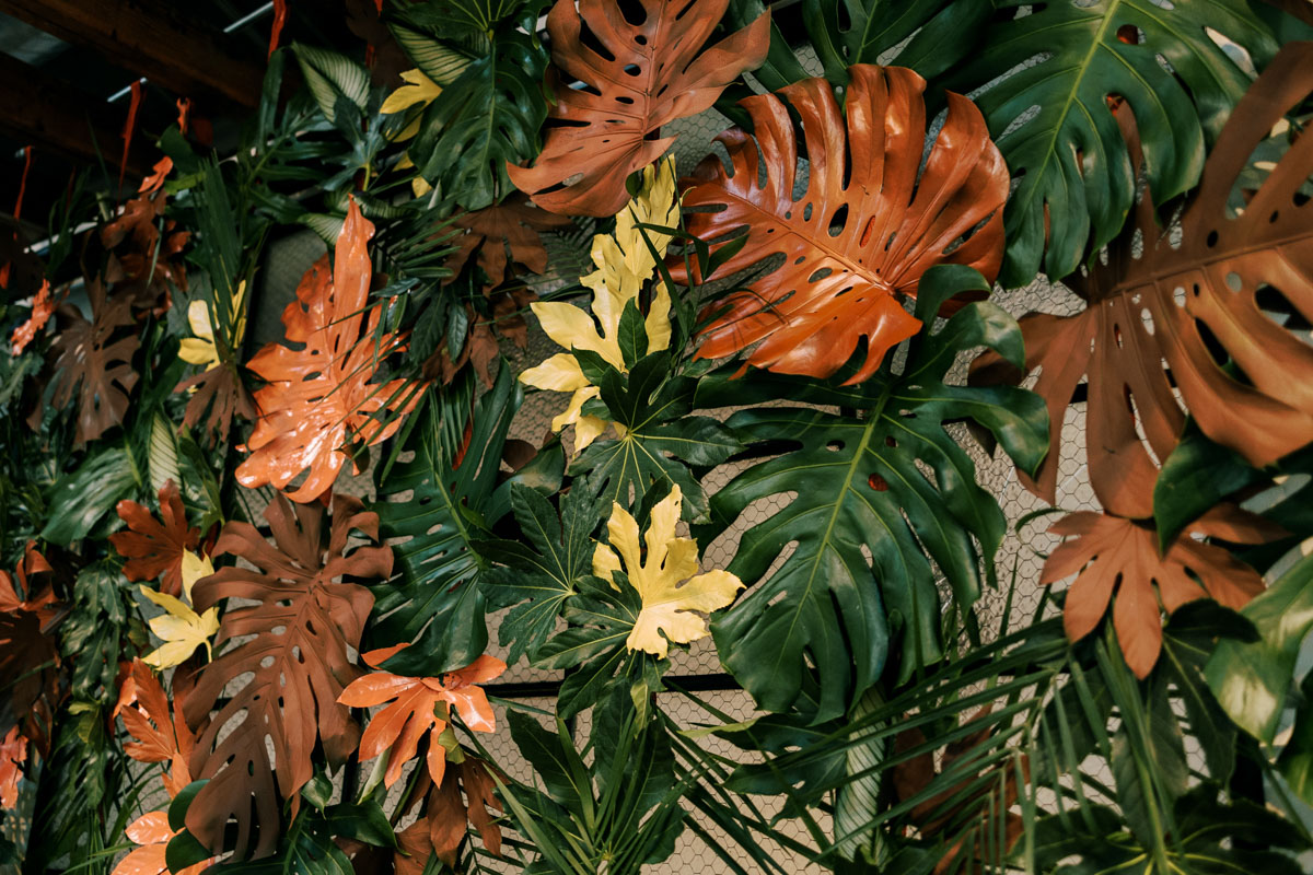 floral backdrop of colored monstera leaves for tropical wedding